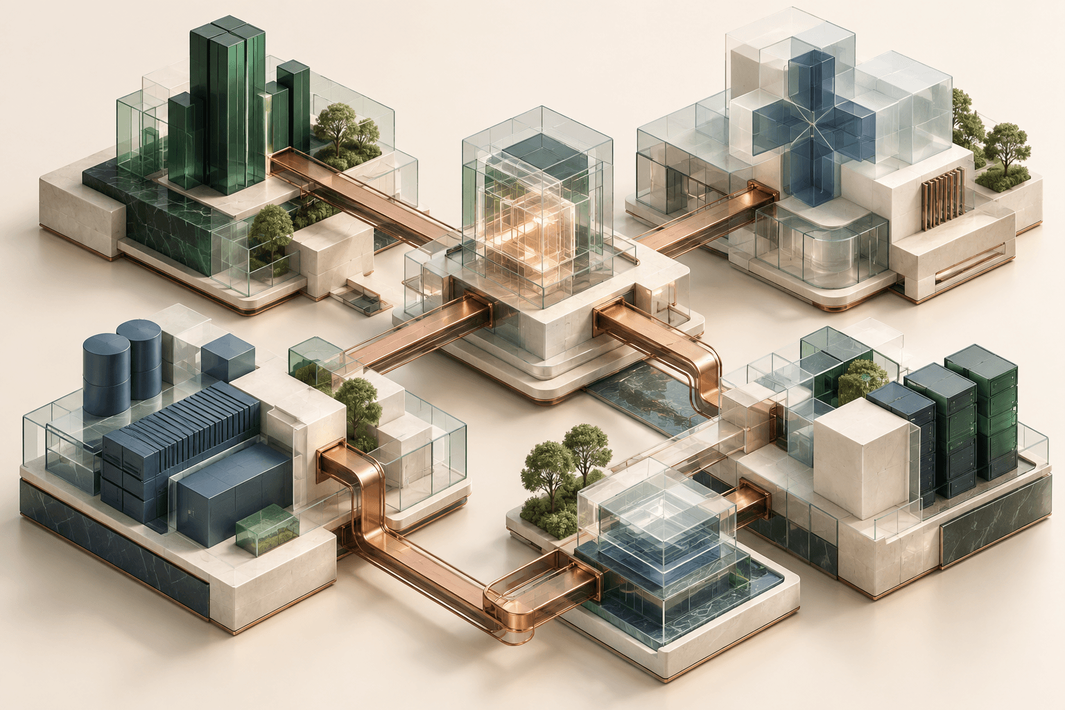 Conceptual illustration of enterprise platforms linked by copper pathways, with glass, ivory, and green modules